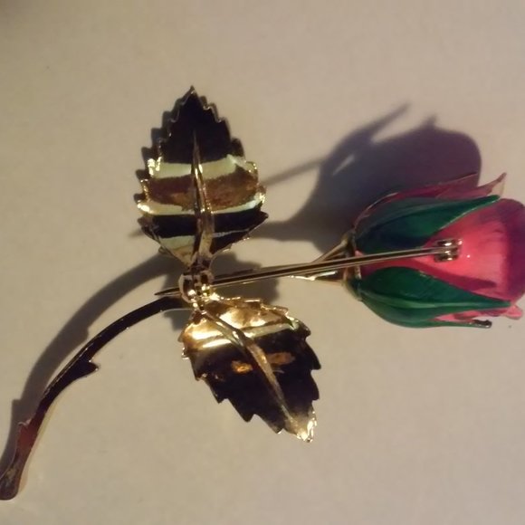 Rose Brooch Pin Gold Pink Green In Original Box New 3" Long 1 3/4" Wide - Picture 2 of 5